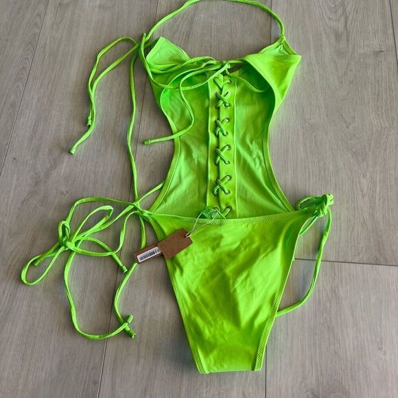 SKIMS Swim Lace Up Monokini Neon Green Sz L - Picture 3 of 7